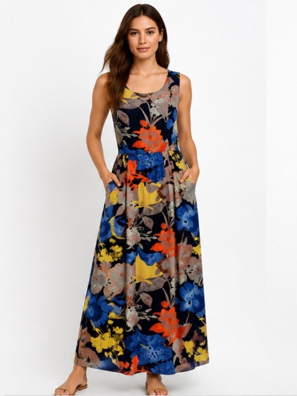 Mango Suit Floral Rayon Maxi Dress Sleeveless Elastic Waist Pockets Blue Orange